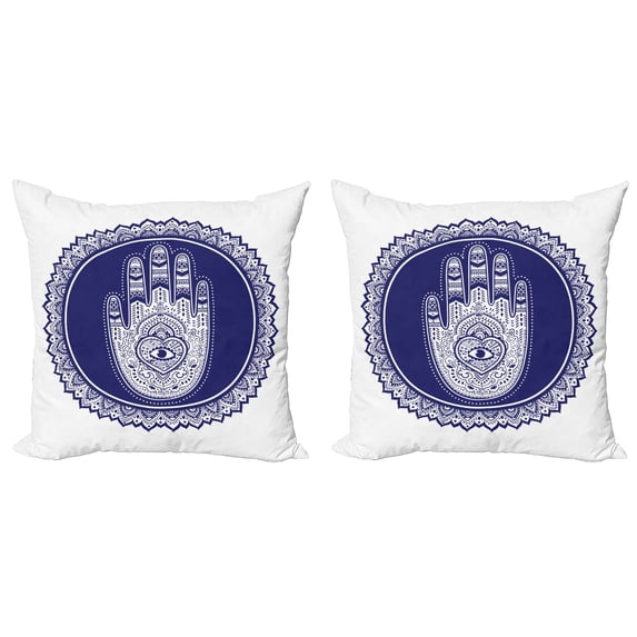 Ambesonne Hamsa Throw Pillow Cover 2 Pack, Middle Eastern Mandala, 24", Navy Blue and White