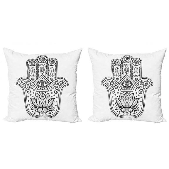 Hamsa Throw Pillow Cushion Cover Pack of 2, Monochrome Oriental with Blooming Lotus Fish and Eye Motifs Graphic Art, Zippered Double-Side Digital Print, 4 Sizes, White and Black, by Ambesonne