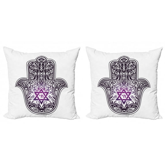 Hamsa Throw Pillow Cushion Cover Pack of 2, Timeless Design with Hand Drawn Swirls Curls and 6 Pointed Star, Zippered Double-Side Digital Print, 4 Sizes, Dark Purple and Purple, by Ambesonne
