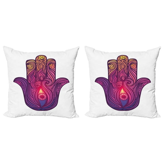 Hamsa Throw Pillow Cushion Cover Pack of 2, Vivid Floral Swirls of Aura Energy Flow Harmony Health Doodle, Zippered Double-Side Digital Print, 4 Sizes, Violet Pale Pink Peach, by Ambesonne