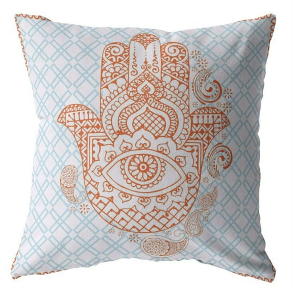 Hamsa Throw Pillow with Removable Cover in Orange on Blue 16x16