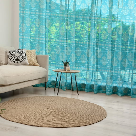 Hamsa Tulle Curtains with Rod Pocket, Theme Hamsa Hands Geometric and Floral Pattern Evil Eye Protection, Sheer Drape for Wedding Party 2 Panels, 7 Sizes, Blue, by Ambesonne