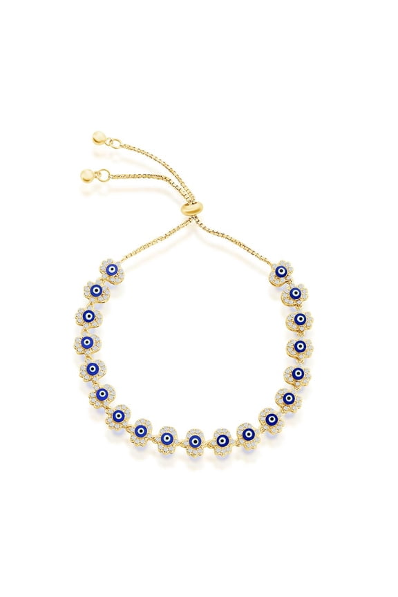 Hamsa with Navy Blue Enamel Evil Eye and Simulated Diamond CZ Adjustable Bolo Bracelet |Sterling Silver Gold Plated Jewelry for Women or Teens