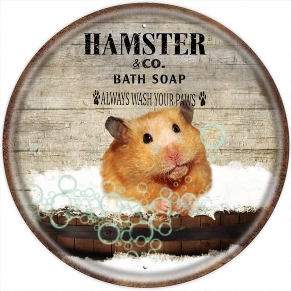 Hamster Bath Soap Wash Your Paws Vintage Round Tin Sign, Hamster Print, Hamster is in The Bath Funny Bathroom Decor, Animal Wall Art, Love Hamster Gift, Housewarming Gift 12x12 Inches