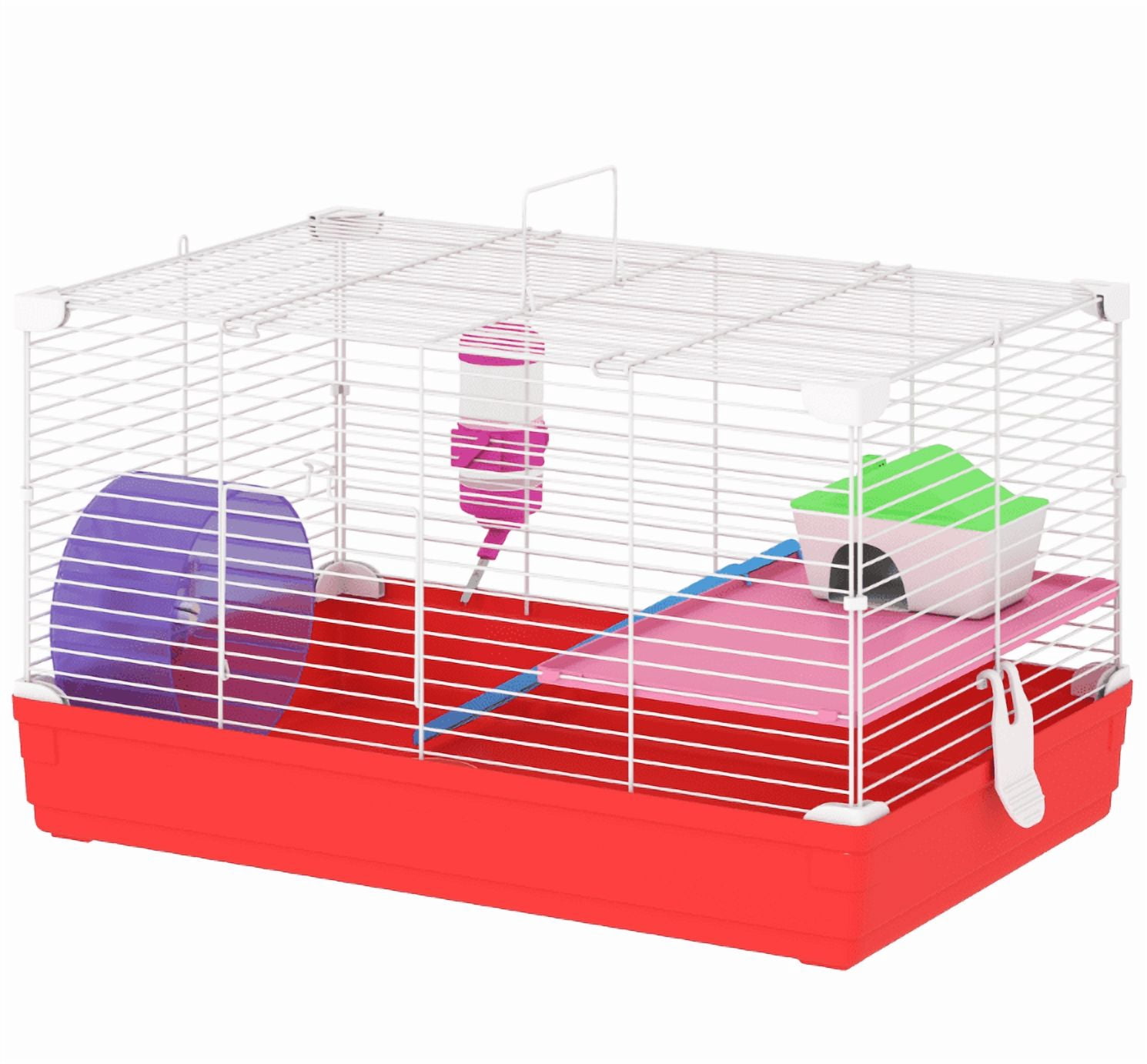 Hamster Cage 18.5", 2-Story Small Animal Habitat Kit - Wheel, Bottle, Dish, Rat House - Red