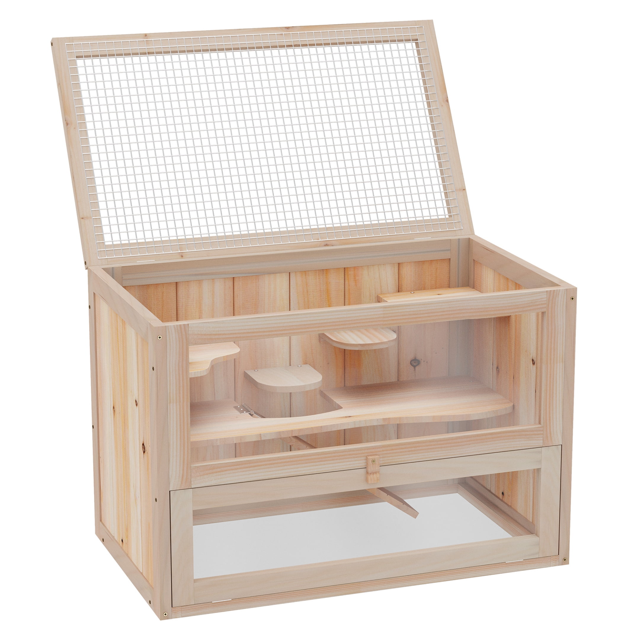 Hamster Cage 2 Level, Mice & Rat Habitat, Guinea Pig House - Wood Small Animal Cage w/Open Top, Front Door, Shelf & Ladder, Natural Finish