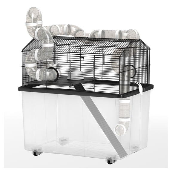 Hamster Cage 2 Tier, 23x17x22 Inch, Deep Tray, Tube System, Water Bottle, Ramp, Black