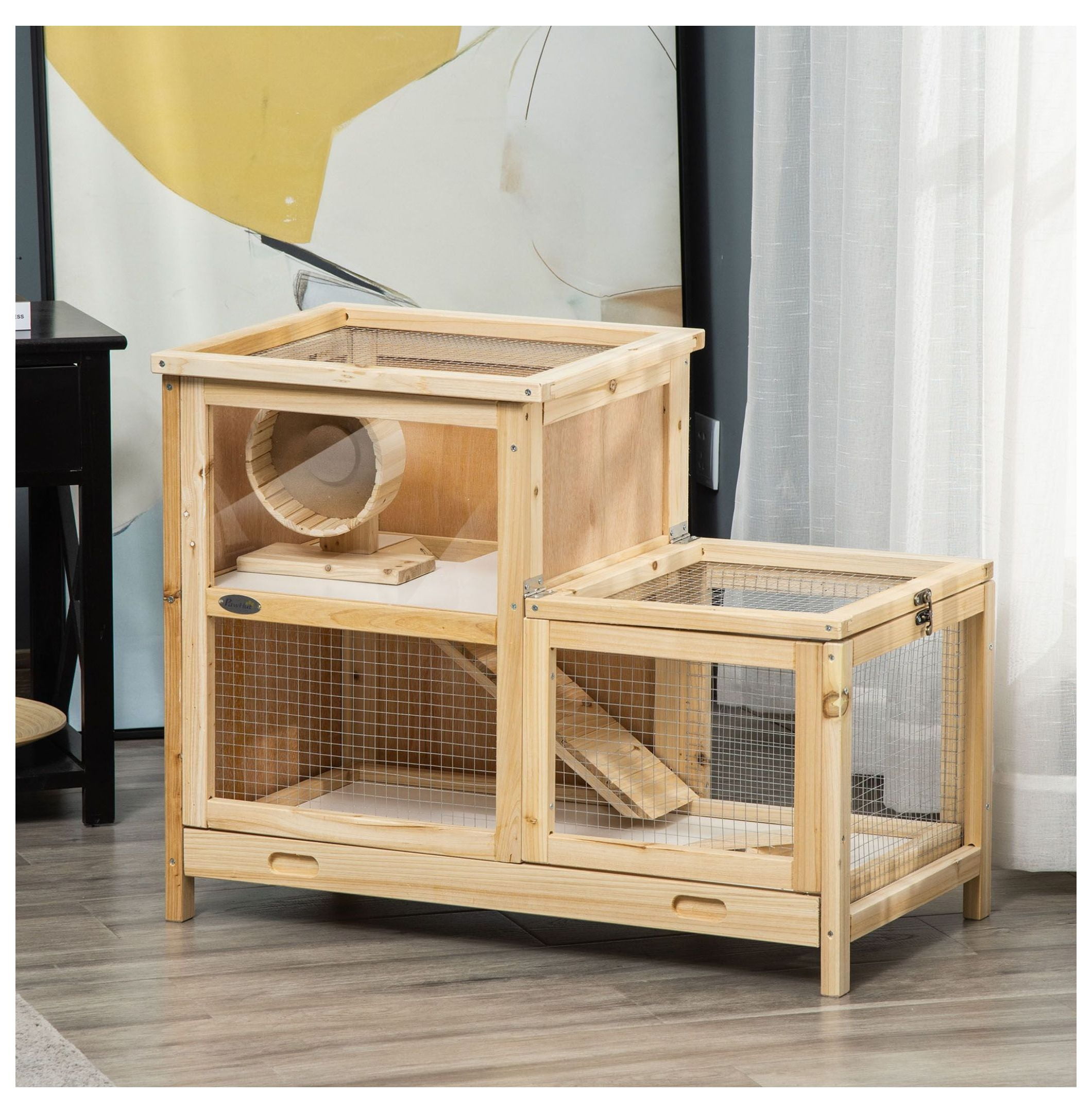Picture of Hamster Cage 2-Tier Wooden Small Animal House with Sliding Tray, Ladder ...