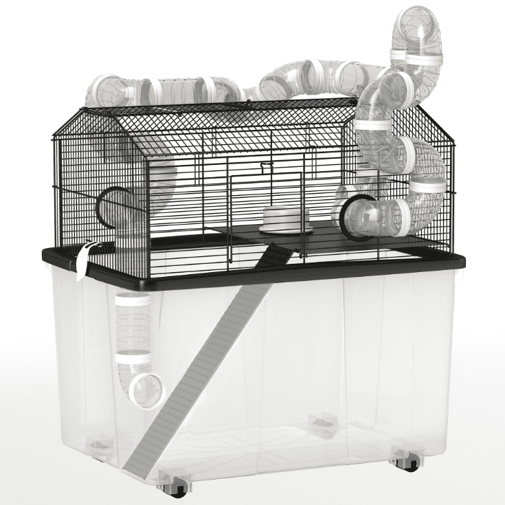 Hamster Cage 2 Tier with Tube System, 23x17x22", Deep Tray, Water Bottle, Ramp, Black