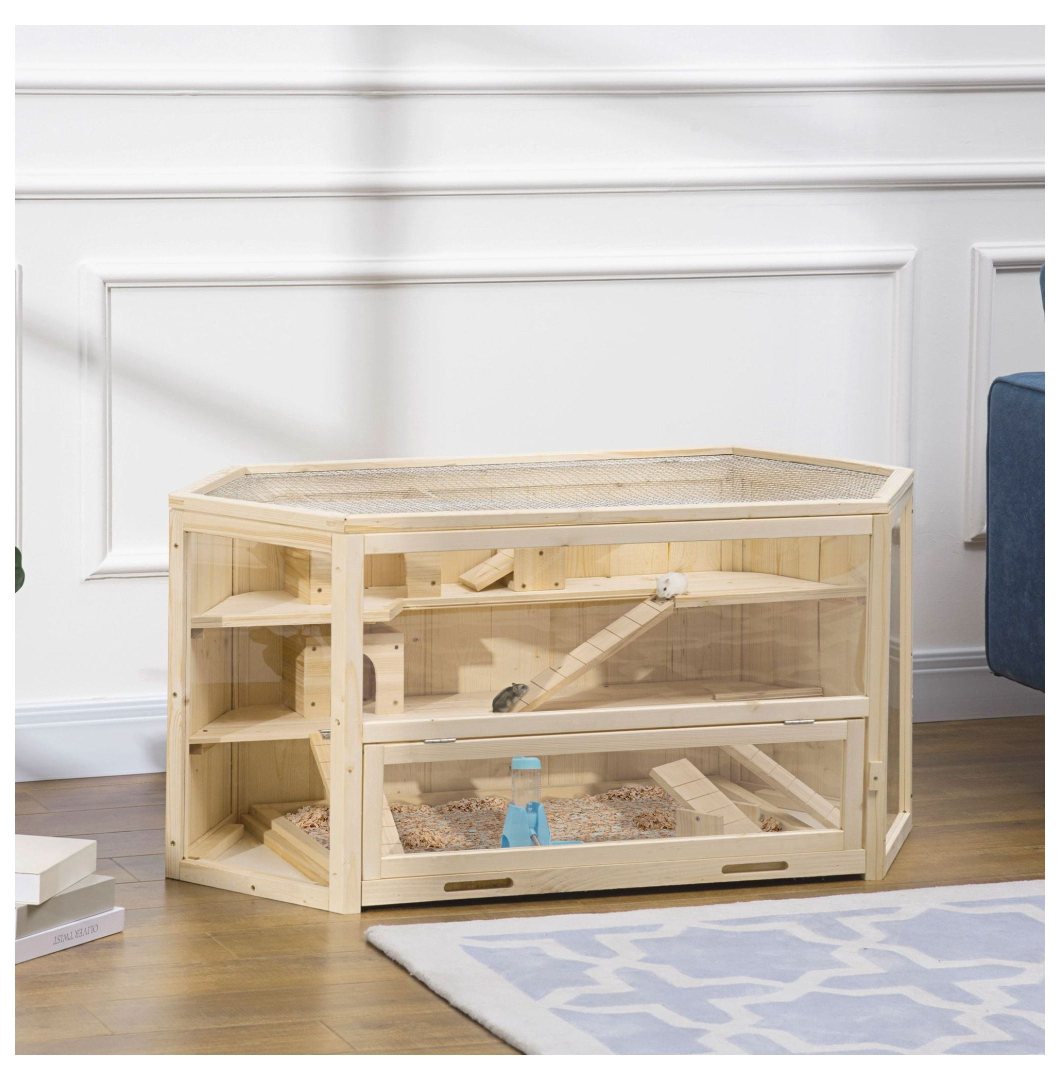 View of Hamster Cage 3-Tier Wooden Habitat with Slide, Ladders & Feeding Bowl ...