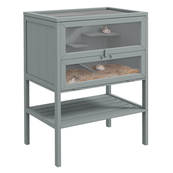 Hamster Cage 3-Tier Wooden Mice & Rat Hutch - Gray Small Animal Habitat with Open Top & Shelf
