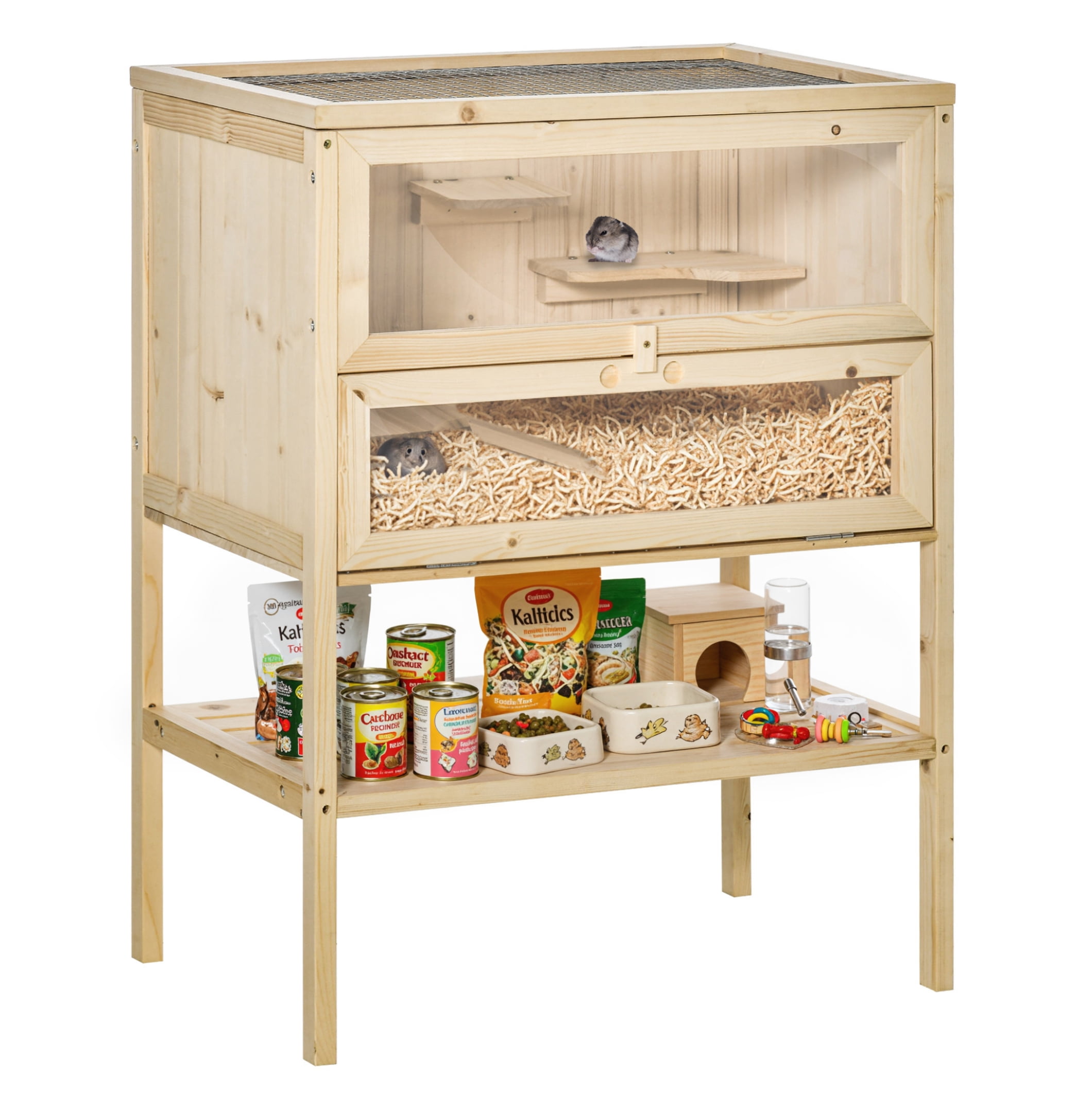 Hamster Cage 3-Tier Wooden Mice & Rat Hutch - Natural Wood Small Animal Cage with Open Top & Front Door