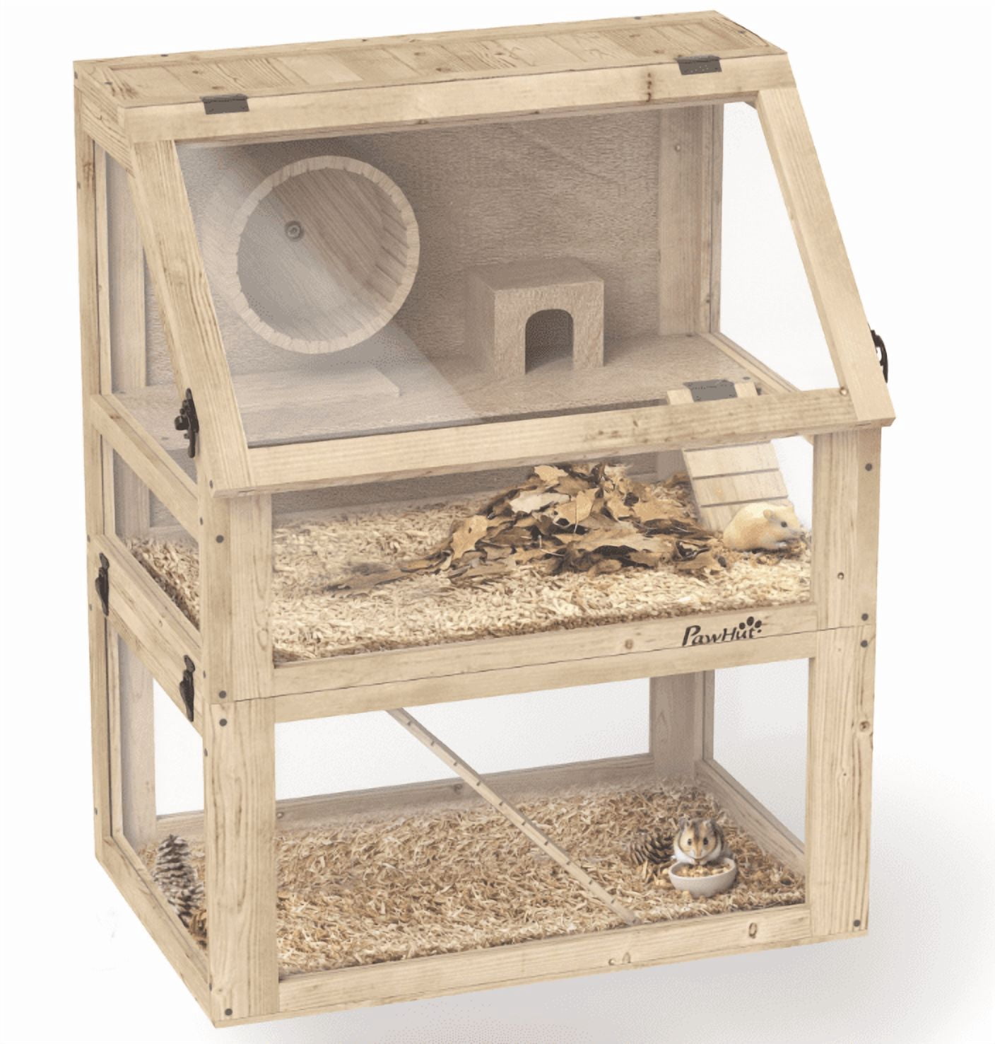 Hamster Cage 3 Tier Wooden w/Wheel, Hut & Seesaw - 24x16x29.5in - Small Animal Habitat for Hamsters, Gerbils & Mice