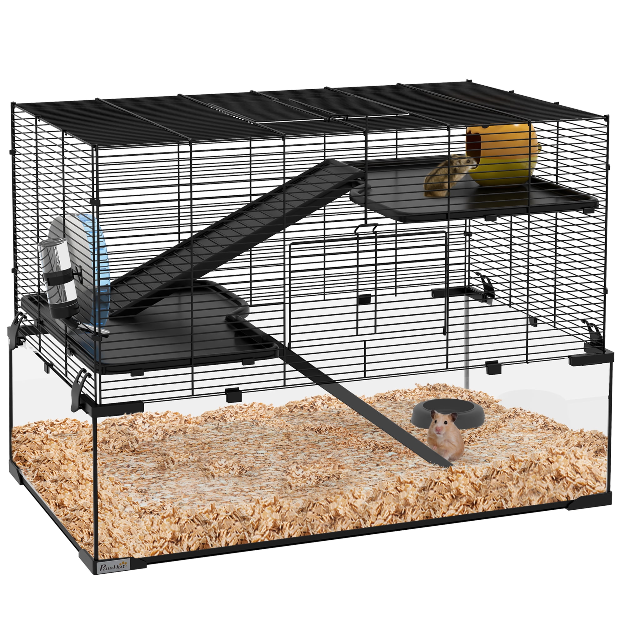 Hamster Cage, 31" Gerbil Cage with Glass Basin, Ramps, Platforms, Hut, Exercise Wheel, for Small Hamsters, Black