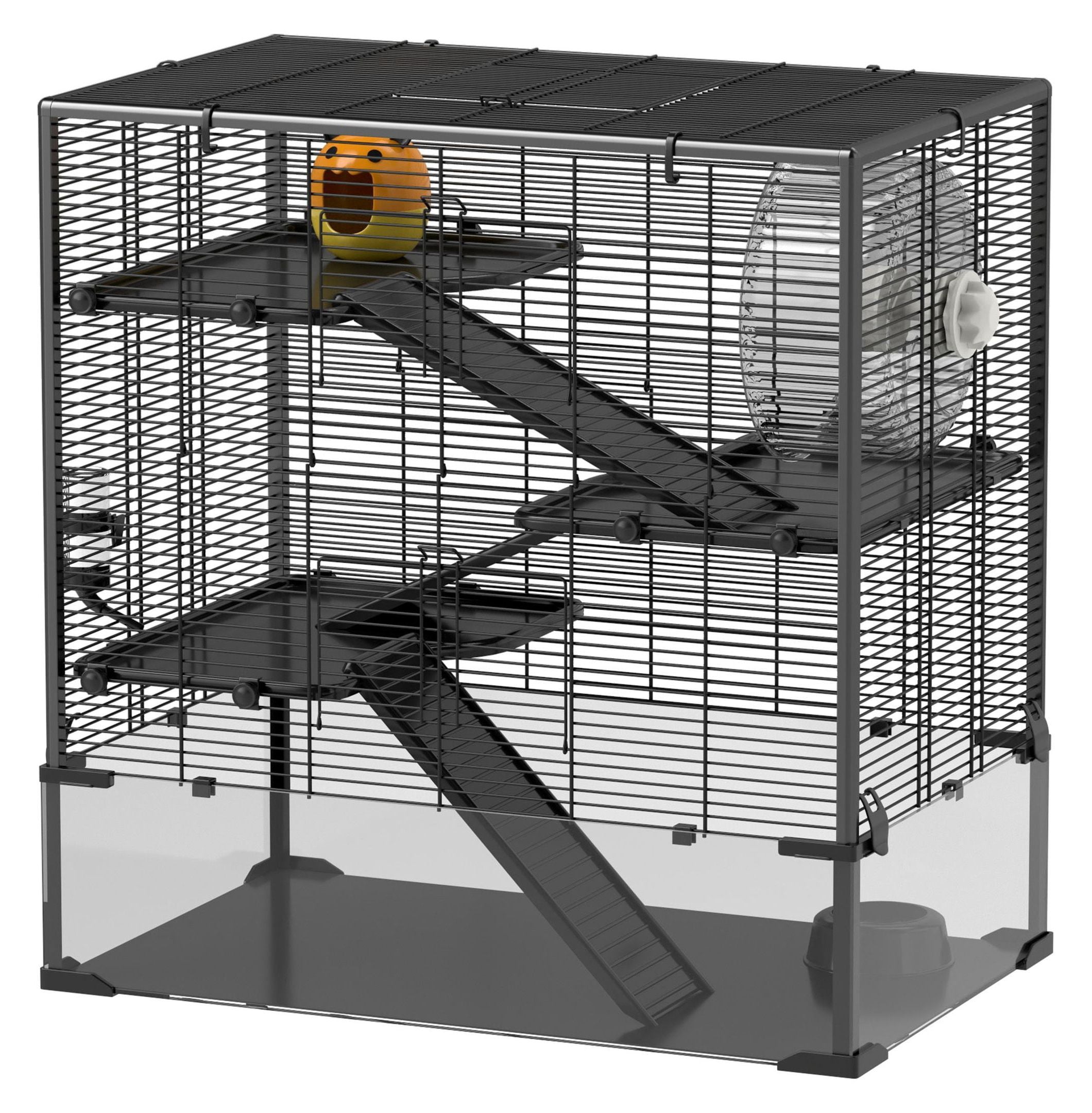 Hamster Cage 4 Tier with Deep Glass Bottom, Wheel, Hut - Rat & Gerbil Habitat