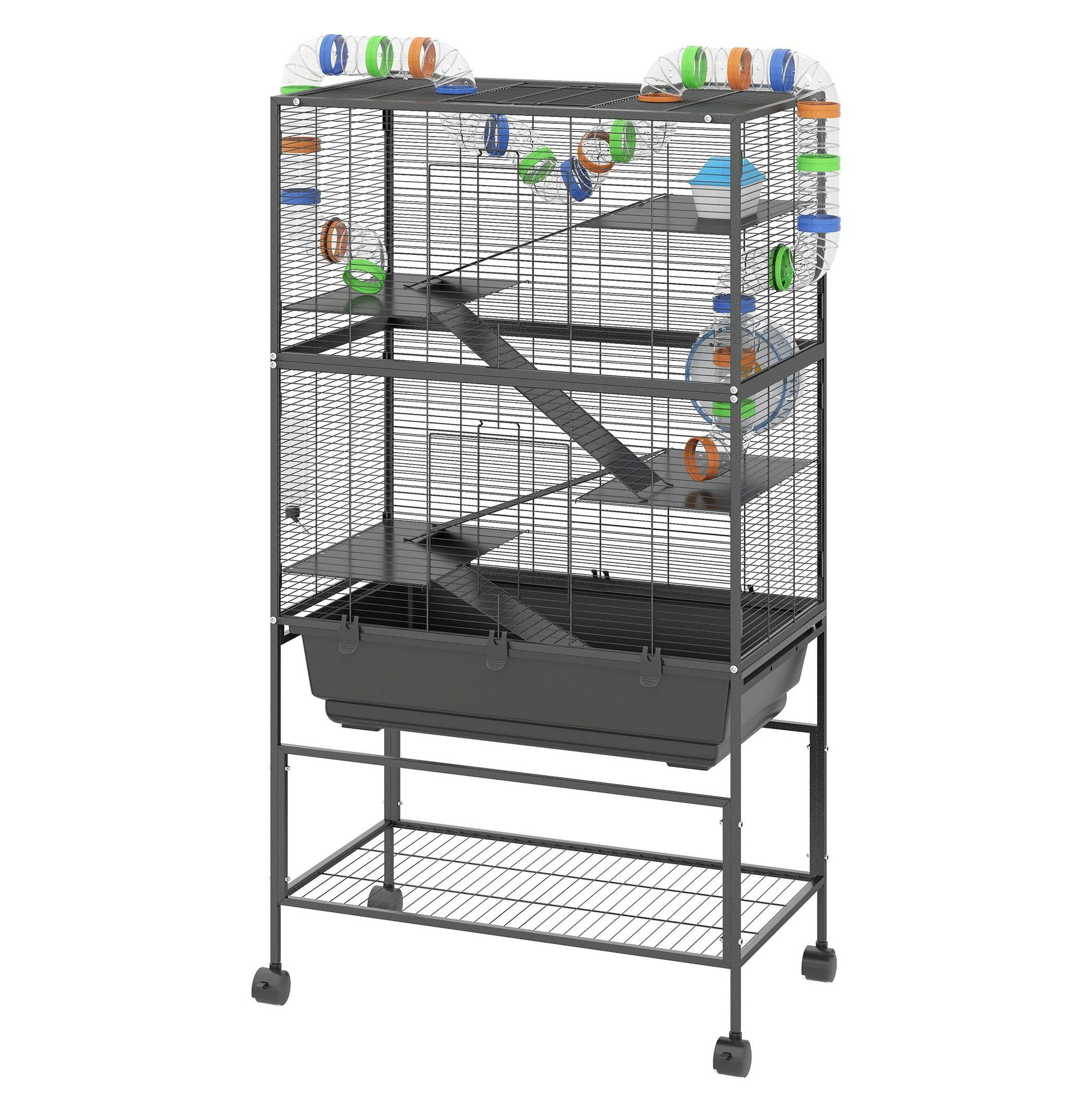 Hamster Cage 5 Tier, Rat Cage Rolling with Deep Tray & Shelf, Exercise Wheel & Tubes - Syrian Hamster Gerbil Habitats