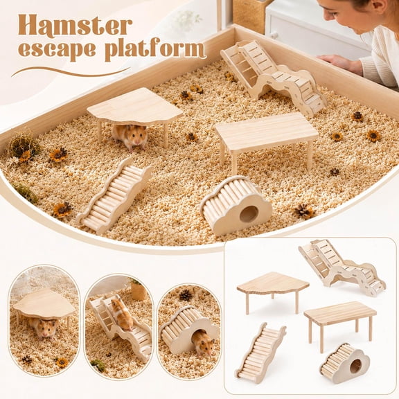 Hamster Cage Accessories, Visible 5-Piece Wooden Hamster Cage Play Set with Corner Platforms and Hideout, for Dwarf Hamsters Gerbils and Small Rodents, Small Pet Enrichment