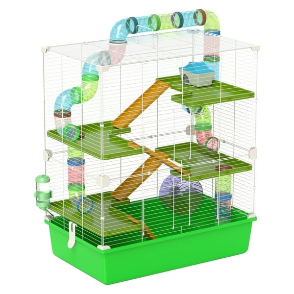 Hamster Cage Extra Large 5-Tier, Rat & Mouse Cage with Tubes & Wheel - Portable Carry Handles, Green Green + Steel