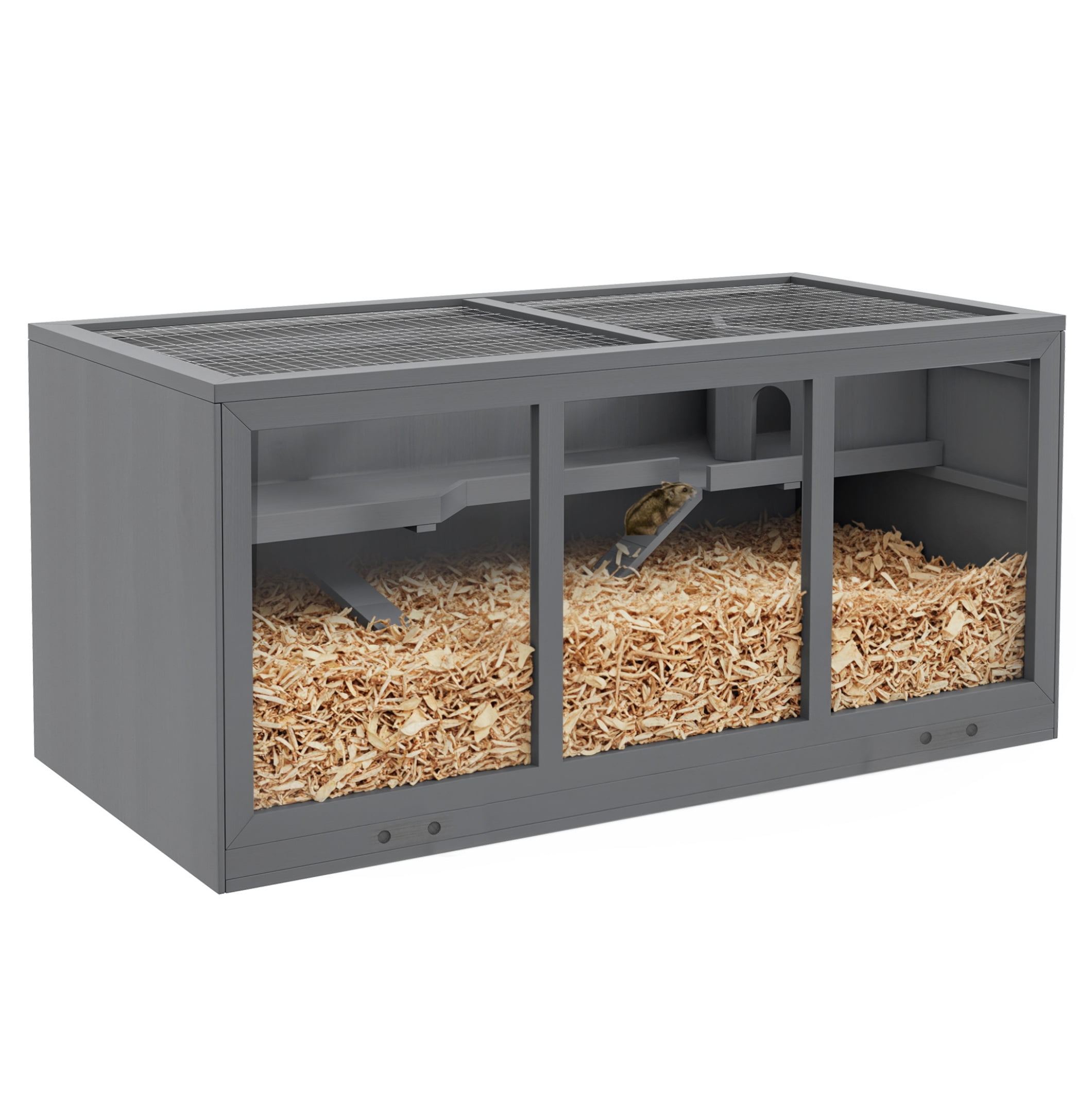 Hamster Cage Extra Large Wooden with Opening Roof, Hut & Ramps - Gray Small Animal Habitat