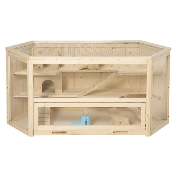 Hamster Cage Large Wooden 3 Tier Small Animal Habitat, Activity Center with Tray, Seesaw, Water Bottle - Natural