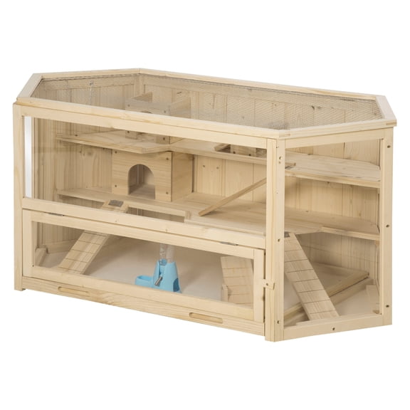 Hamster Cage Large Wooden 3 Tier, Small Animal Habitat with Tray, Seesaw, Water Bottle & Activity Center, Natural Wood