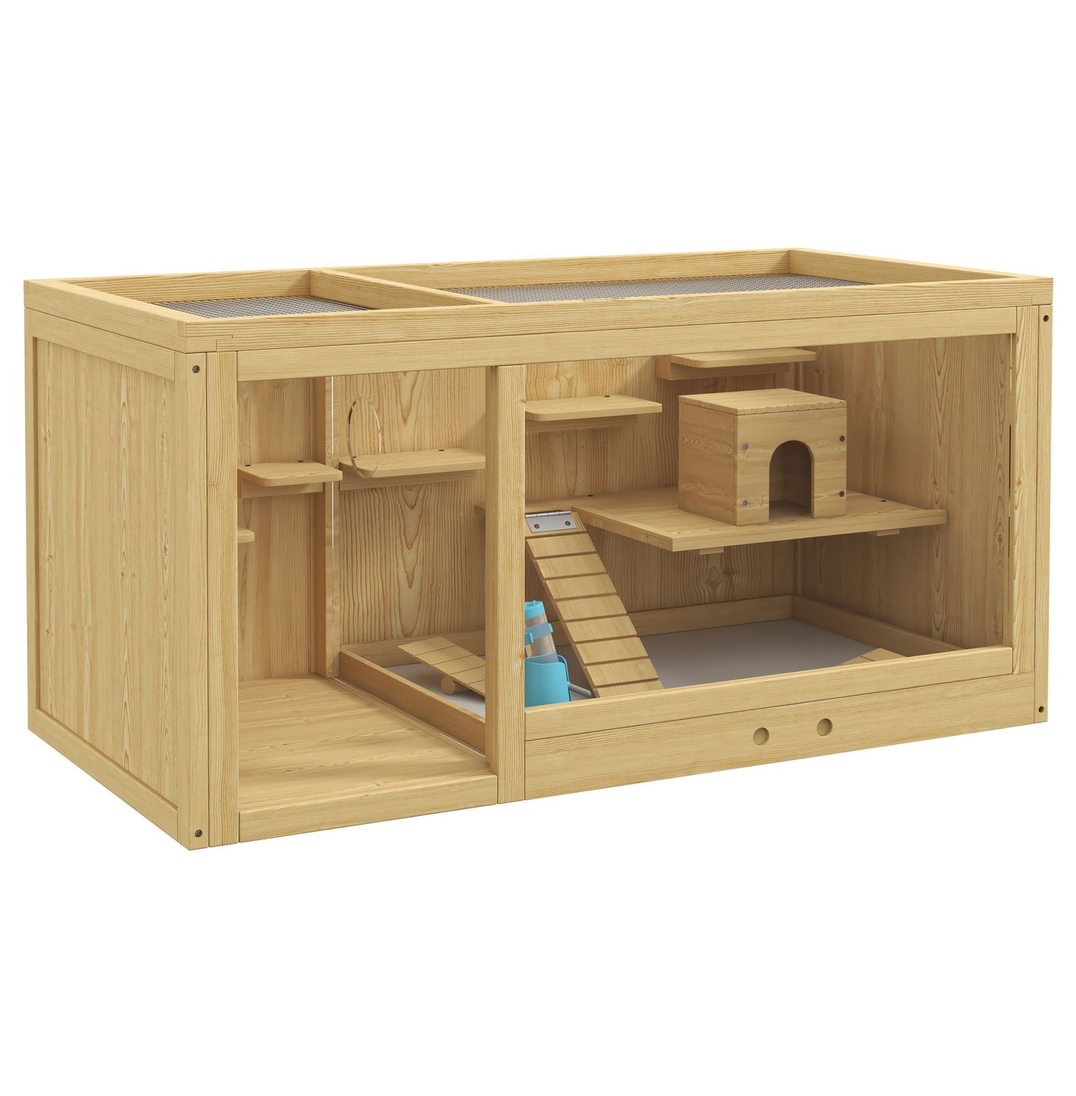 Large Wooden Hamster Cage with Water Dispenser Removable Tray for Gerbils Natural