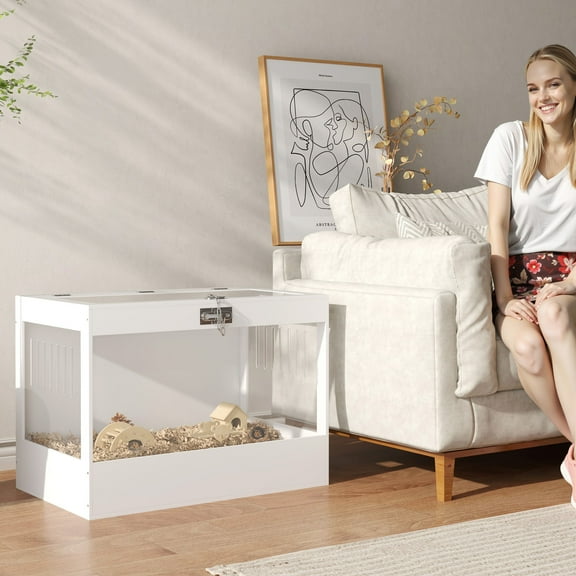 PawHut Hamster Cage with Openable Top, Hut, Seesaw, Ladder, Transparent Acrylic Panel Small Animal Habitat for Dwarf Hamster Gerbil, White