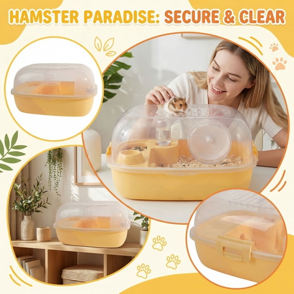 Hamster Cage, Transparent Hamster Habitat with Escape - Proof Design in Yellow, for Small Pets Like Hamsters, Gerbils, Mice