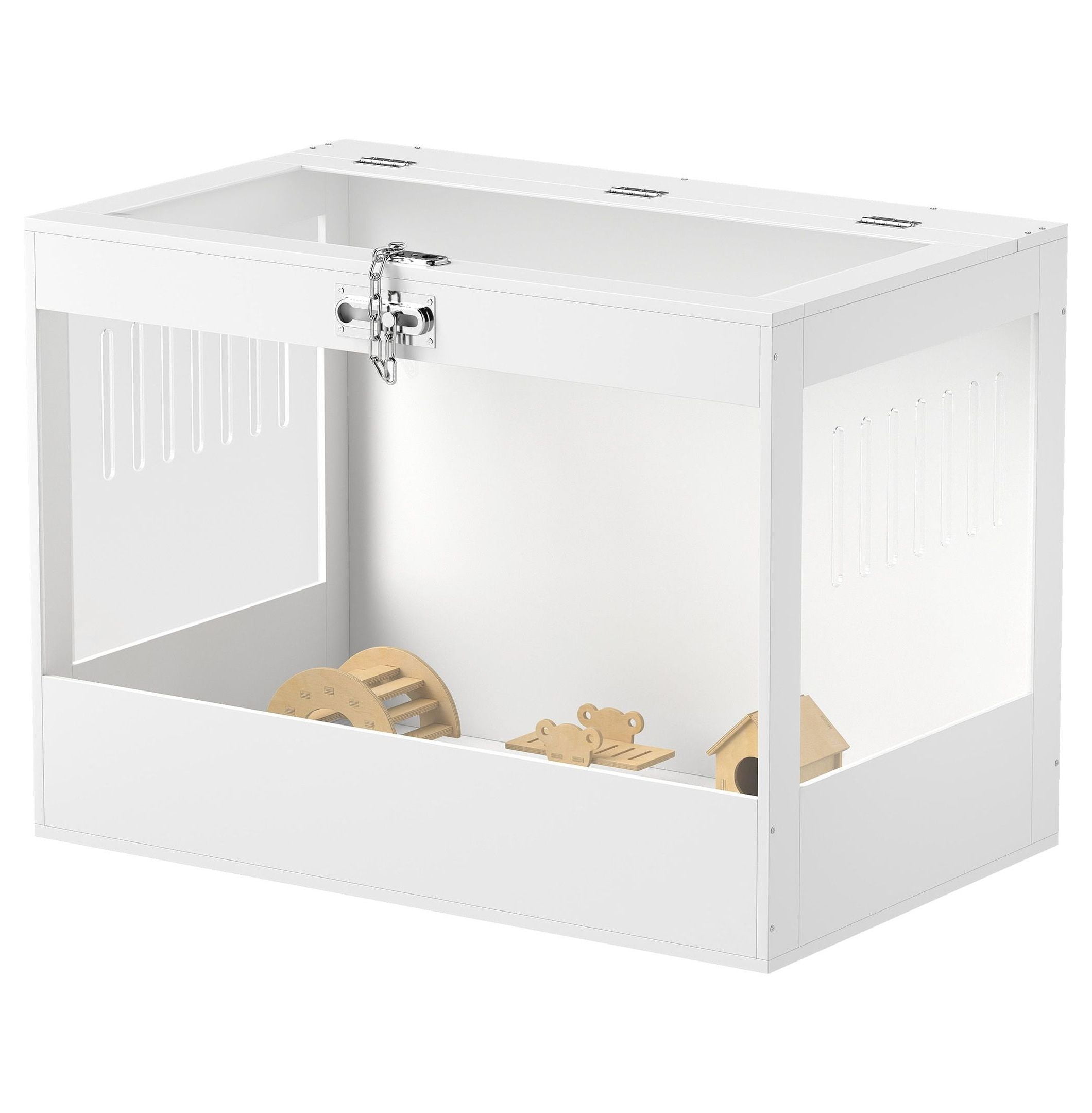 Hamster Cage with Openable Top & Lock, Hut, Transparent Acrylic Panels, Accessories, for Dwarf Hamster Gerbil, White