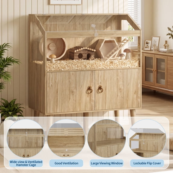 Hamster Cage with Storage Cabinet,Large Hamster Encloure Chew Proof Wood,Clear View Hamster Habitat for Guinea Pig, Ferret, Rat, Hedgehog