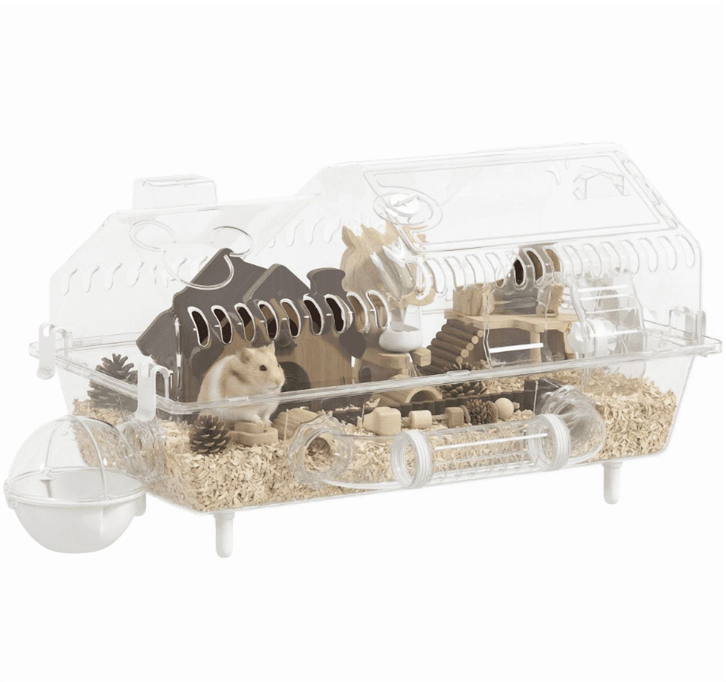 Hamster Cage with Wheel & Hideout, Small Animal Habitat, Clear Pet House, 21.5" x 11.8" x 12.6", Villa Design for Gerbils & Dwarf Hamsters