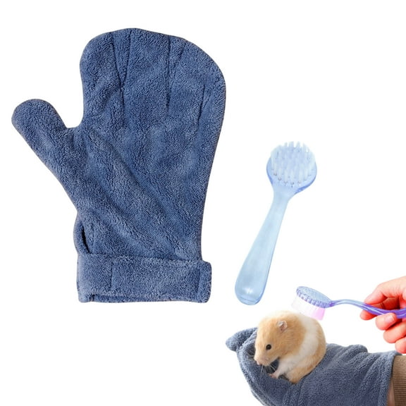 Hamster Calming Bite Proof Glove and Grooming Brush Set, Small Animal Handling Mitt and Soft Brush for Hamsters Guinea Pigs Ferrets (Dark Blue)