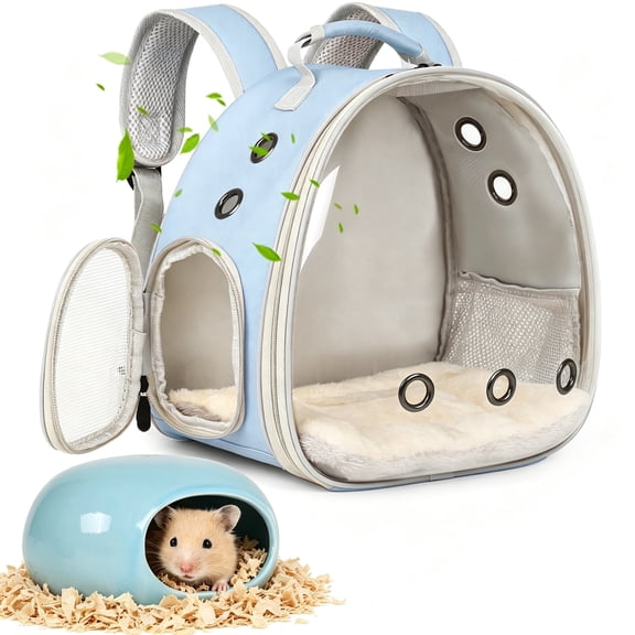 2-Pack Small Animal Backpack Carrier & Ceramic Hamster Hideout for Cooling Summer, Hamster House and Habitat Cool Bed for Other Similar-Size Small Pet Gerbil Rat Chinchilla