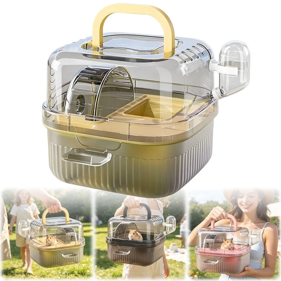 Hamster Carrier Cage for Outdoor Trips, Clear View Small Animal Travel Cage with Built-in Exercise Wheel, 80ml Water Bottle & Non-Slip Handle