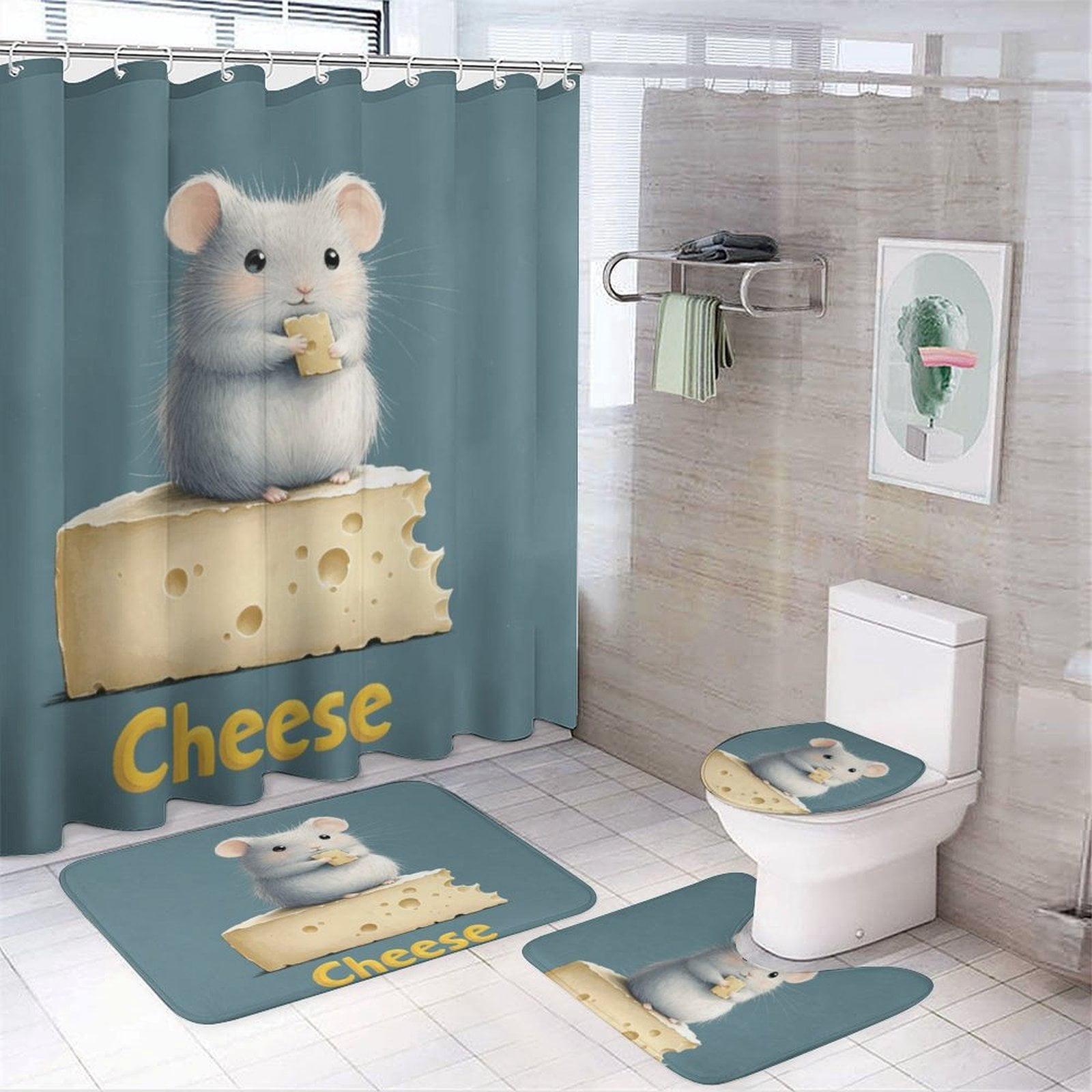 Hamster Rug Hamster with Cheese 4 Piece Shower Curtain Sets Rug Toilet Lid Cover ...