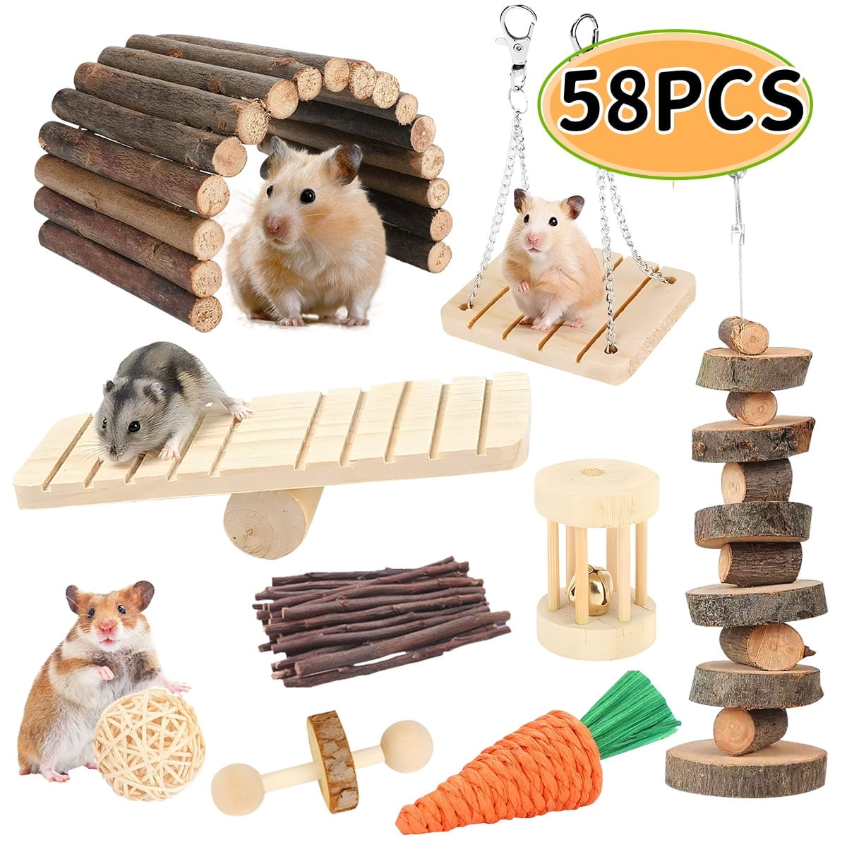 Hamster Chew Toys Rabbit Toys Guinea Pig Chew Toys Set ,Hamster Molar Toys Teeth Toy ,Swing Seesaw Bridge for Chinchillas Bunnies (wood 58pcs)