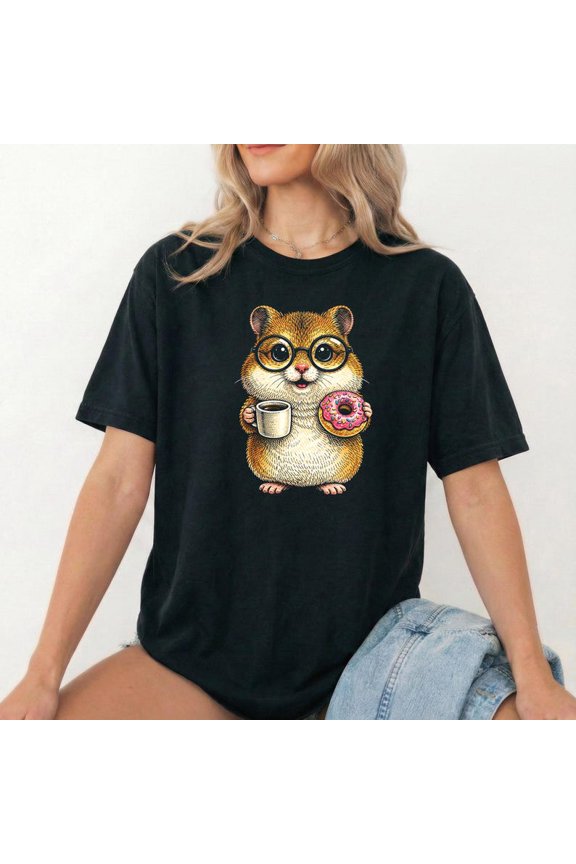 Hamster Coffee Donut Shirt, Hamster Holding Coffee and Donut Graphic Tee, Nerdy Animal Breakfast Design Shirt, Comfort Colors Unisex Cotton T-Shirt, Size S-3XL