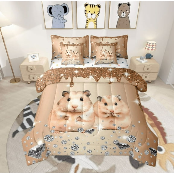 Hamster Comforter Set 7 Piece Bed in a Bag Twin,Brown Sequin Fluid Art Bedding Set,Crystal Diamond Comforter and Sheet Set Cute Animals Bed Set,Lovely Pet Kawaii Room Decor