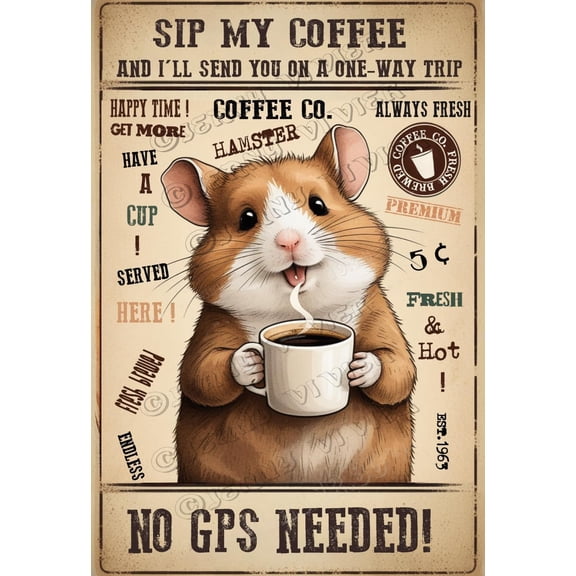 Hamster Decor Sip my coffee, and I'll send you on a one-way trip no GPS needed! Unique Aluminum Sign,12x8 inches,Funny Animal Decor, Home Wall Decor for Cafes Coffee Shop Club Decor