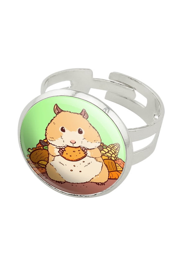 Hamster Eating Stash of Food Silver Plated Adjustable Novelty Ring