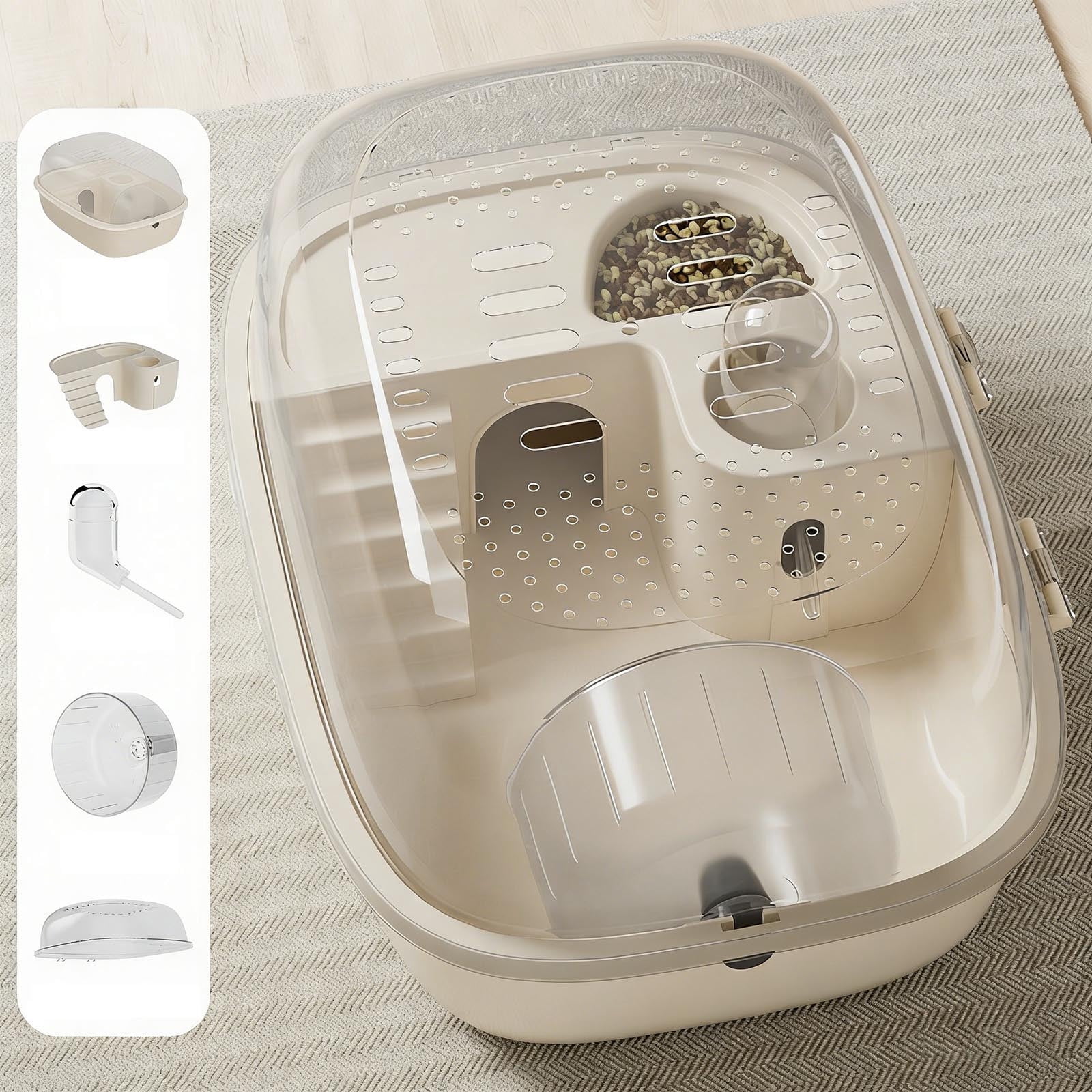 Hamster Habitat Cage Set 12.2x9.25x6.3 Inch Transparent Pet Rat Cage with Quiet Running Wheel Kettle and Staircase 5 in 1 Mouse Habitat Kit for Gerbils Small Pets(Beige)