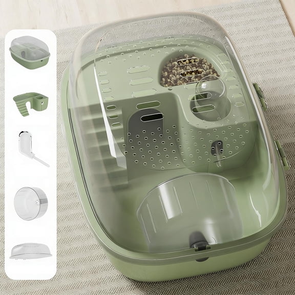 Hamster Habitat Cage Set 12.2x9.25x6.3 Inch Transparent Pet Rat Cage with Quiet Running Wheel Kettle and Staircase 5 in 1 Mouse Habitat Kit for Gerbils Small Pets(Green)