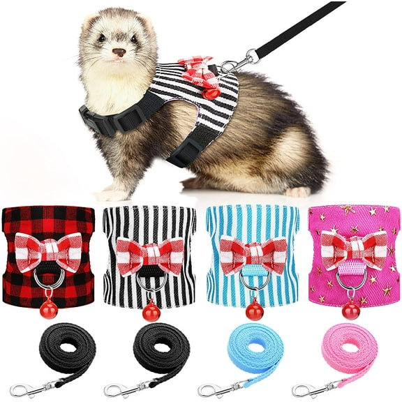 Hamster Harness and Leash Set for Walking, Small Guinea Pig Clothes with Bowknot Bell, No Pulling Comfort Padded Vest Striped for Guinea Pig Hamster Ferret, Small Animals