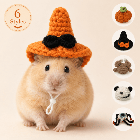 Hamster Hat Halloween Mini Pet Costume, Hand Knitted Small Animal Hat with Adjustable Strap for Hamsters Bearded Dragon Guinea Pig Bunny Reptile Photo Props