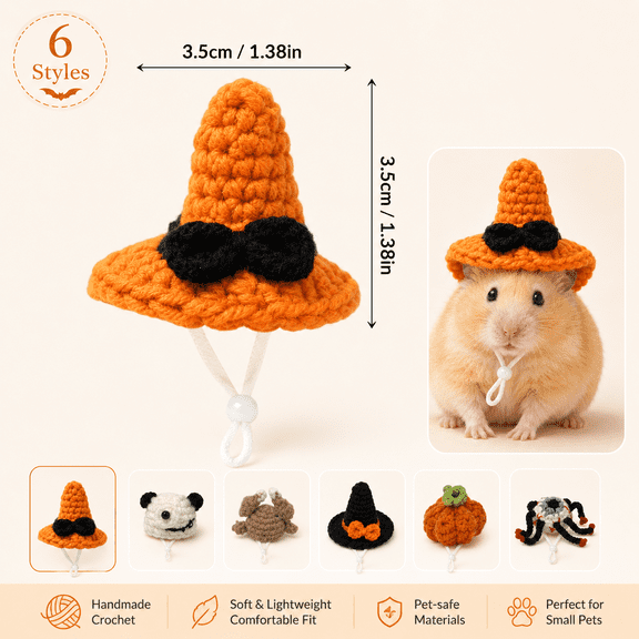 Hamster Hats for Small Animals, Halloween Hand Knitted Mini Pet Hats with Adjustable Band, Hamster Clothes for Real Hamsters Lizards Bearded Dragon Costume