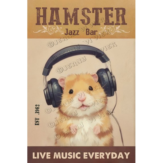 Hamster Headphone Co Live Music Everyday Poster Vintage Metal Tin Signs Funny Hamster Poster for Home Kitchen Bathroom Coffee Bar Wall Decoration Plaque Gift Music Lovers Gift 5.5x8 in