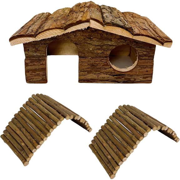 Hamster Hideout Wooden Hamster House and Bridge with Windows Habitats Decor for Rat Gerbils Mice Playing Hiding