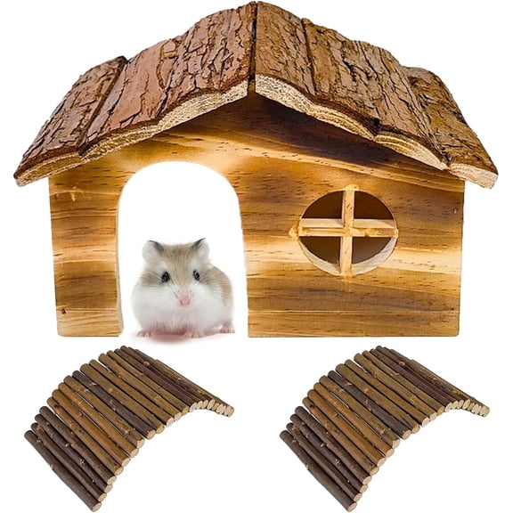 Hamster Hideout Wooden Hamster House and Bridge with Windows Habitats Decor for Rat Gerbils Mice Playing Hiding