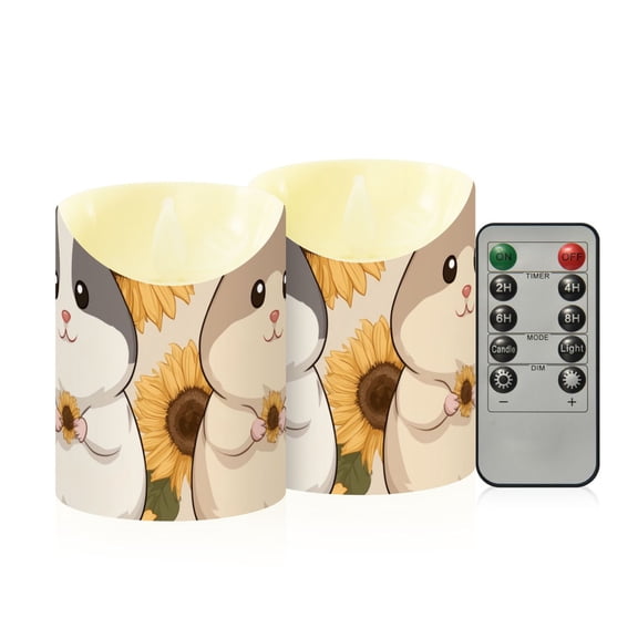 Hamster Holding Sunflowers Flickering Flameless Candles with Remote Timer Battery Operated LED Tealight Set of 2 S