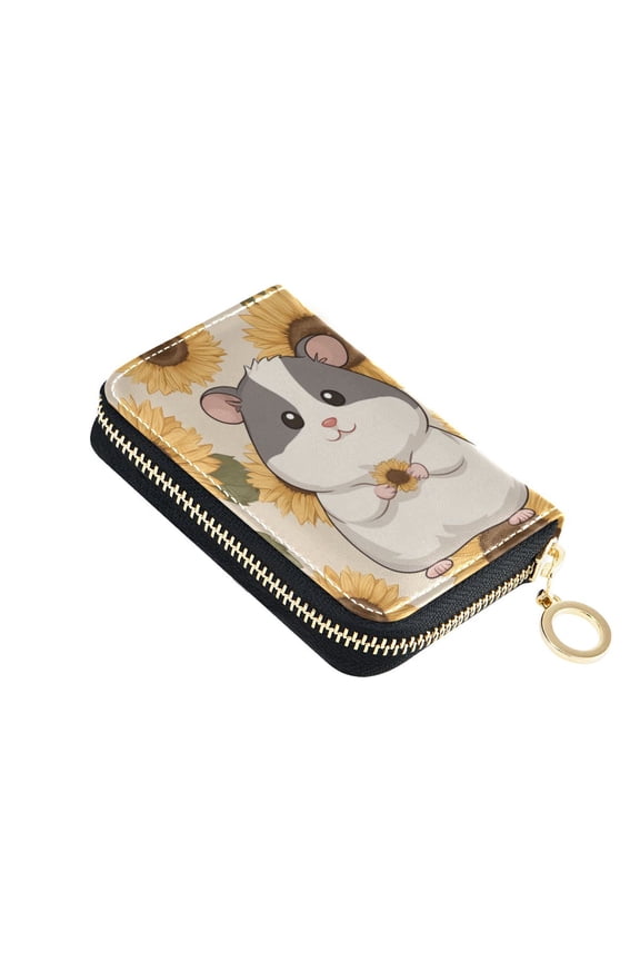 Hamster Holding Sunflowers Women's Credit Card Holder PU Leather Zipper Wallet RFID Blocking
